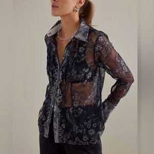 ANTHROPOLOGIE MAEVE SHEER FLORAL BUTTON DOWN BLOUSE FLORAL LACE DRESSY BLACK XS